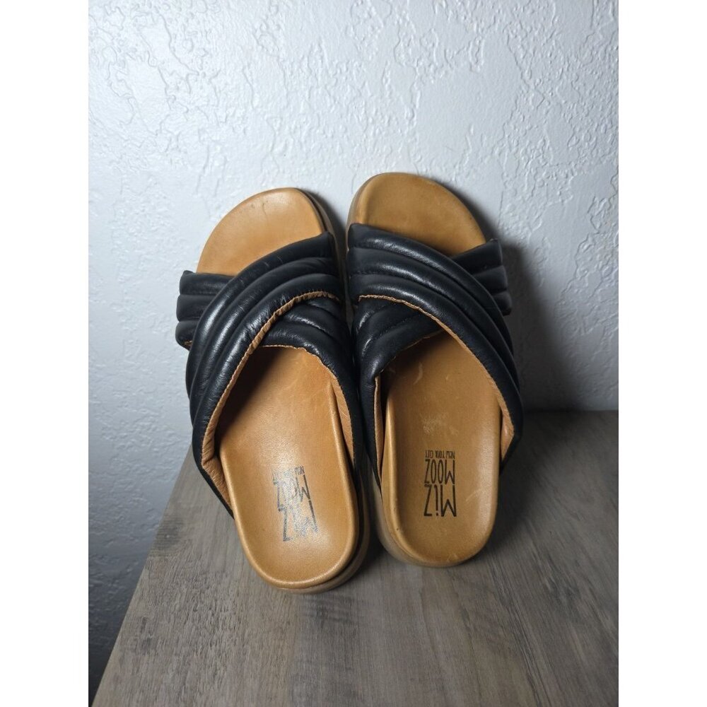Miz Mooz Black and Tan Padded Crisscross Slide Sandals